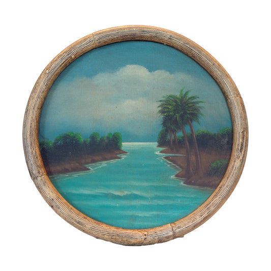 Painting in round wooden frame. Ocean, palms, clouds