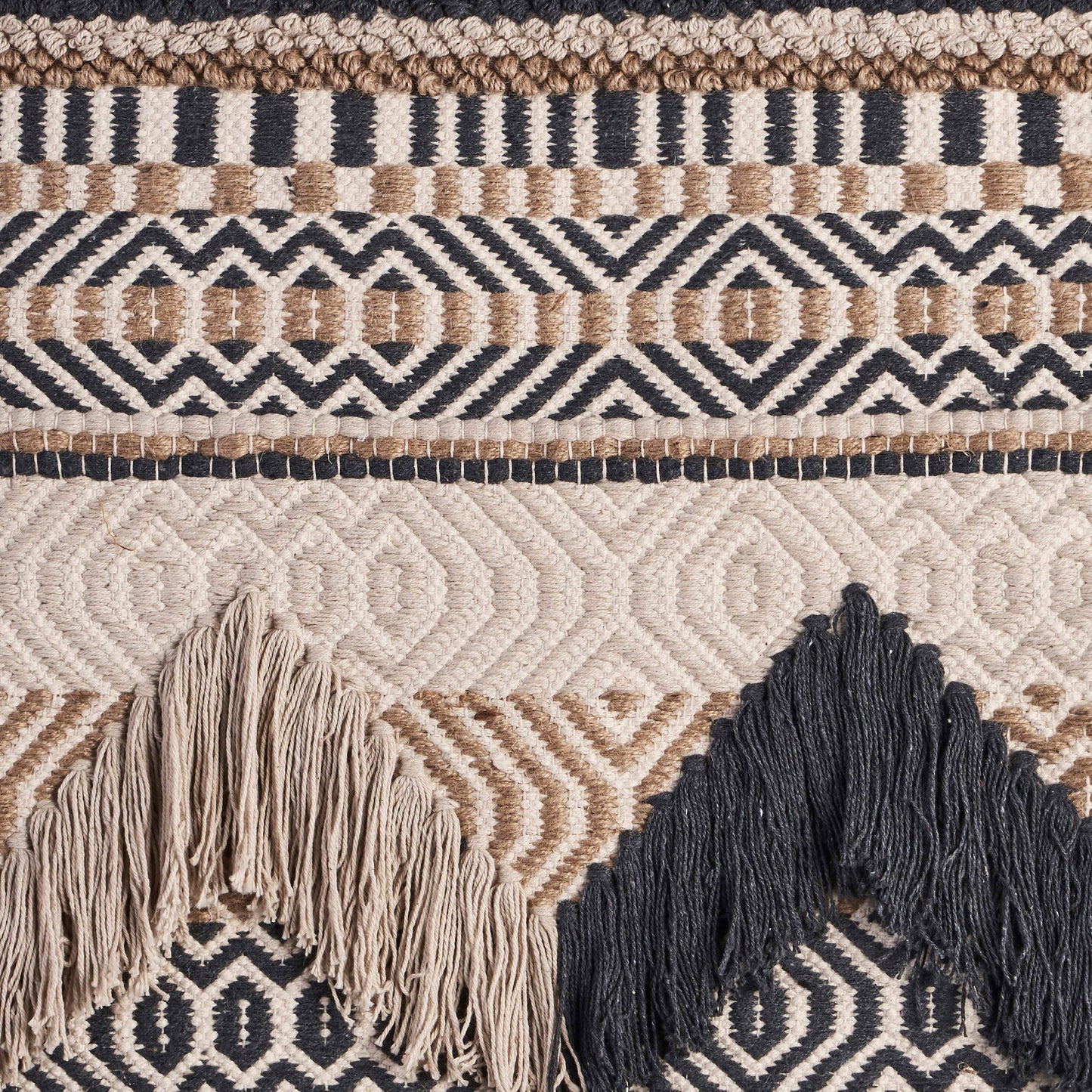 Beige and Charcoal Geometric Fringed Wall Hanging