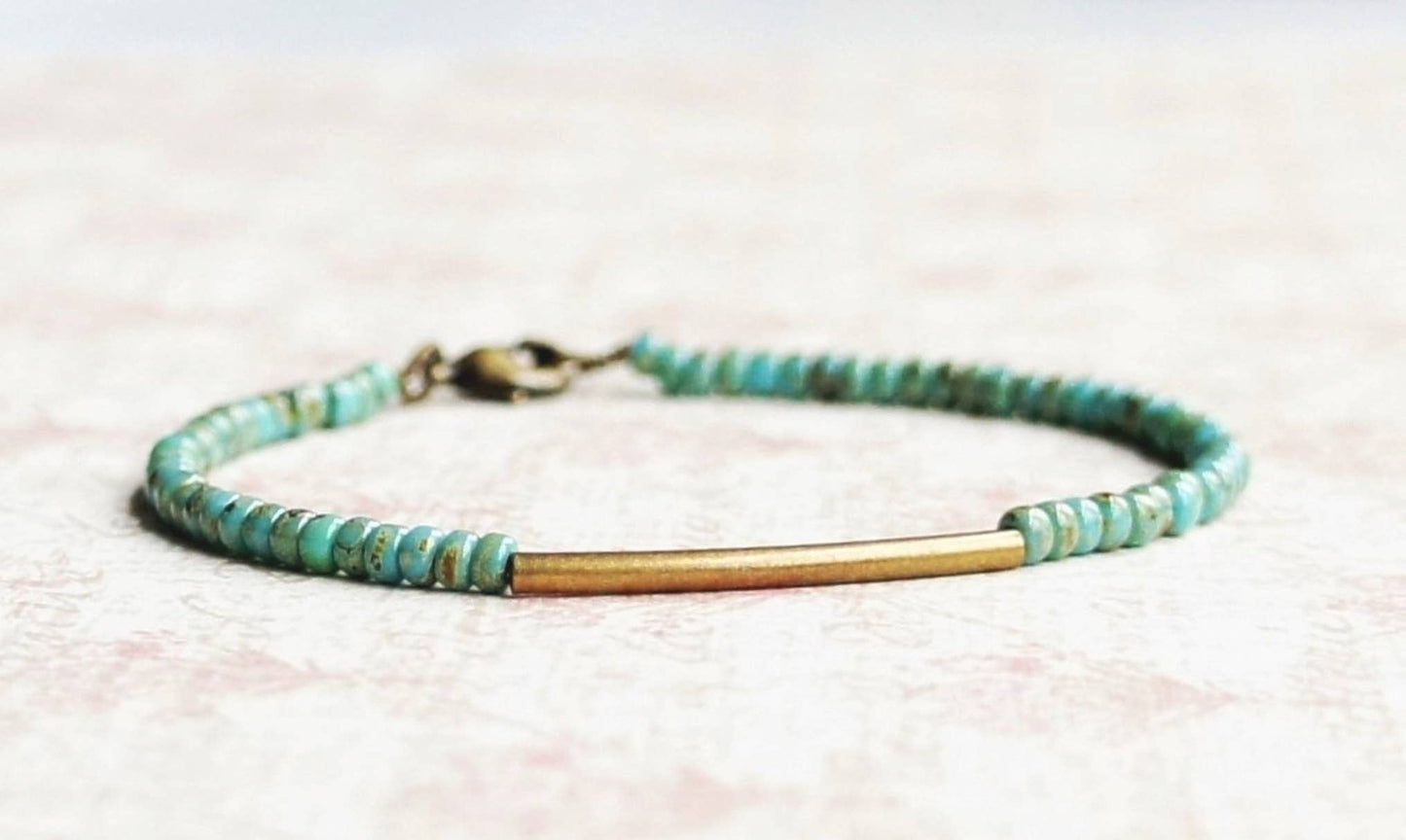 Gilded Turquoise Beads And Bronze Bar Bracelet