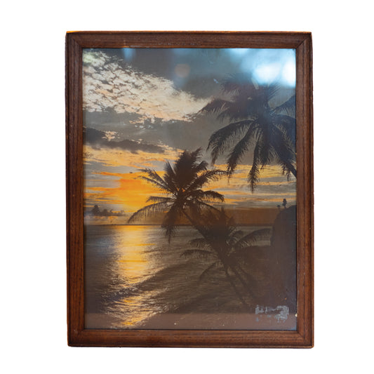 Palms, ocean sunset framed photo.