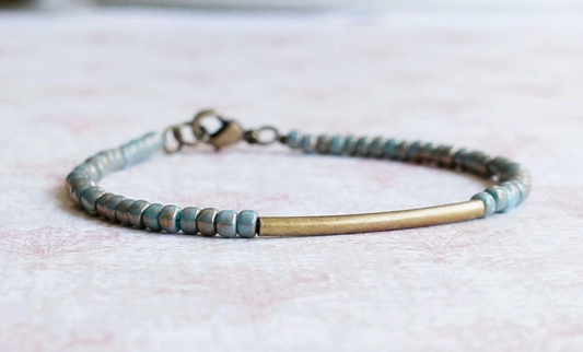 Gilded Turquoise Beads And Bronze Bar Bracelet / Faded