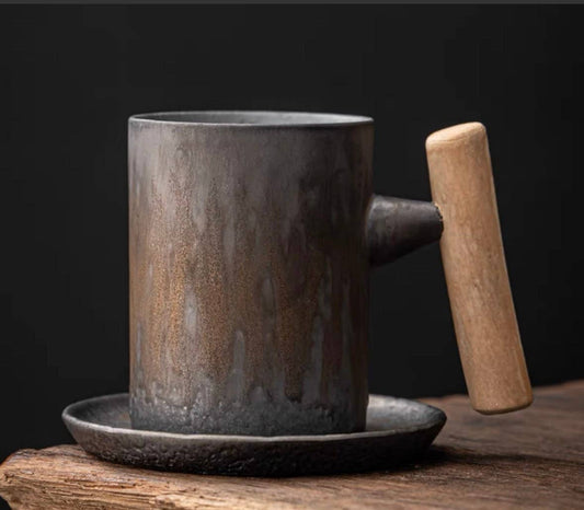 Wooden handle Ceramic Metallic Glaze Mug