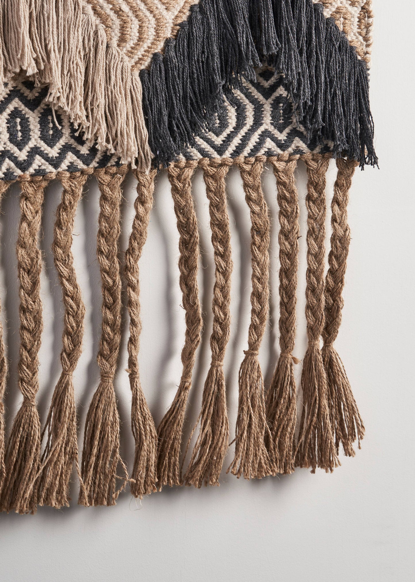 Beige and Charcoal Geometric Fringed Wall Hanging