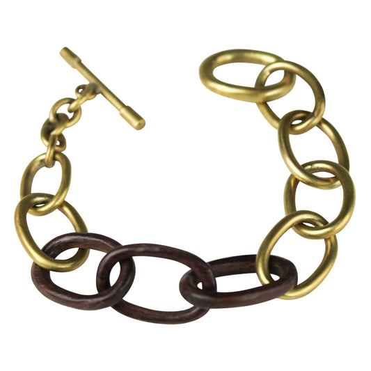 Yara Bracelet, Brass, Dark Wood Links.  8.5” length