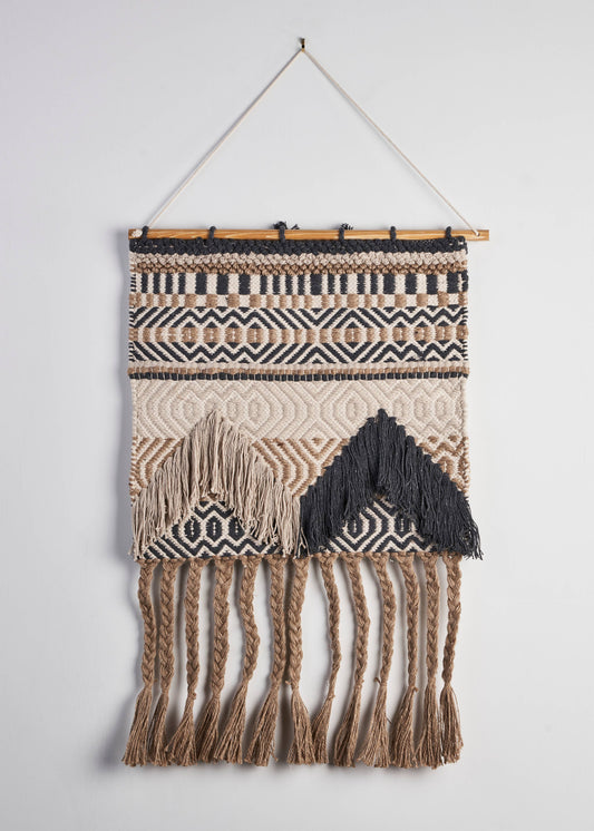 Beige and Charcoal Geometric Fringed Wall Hanging